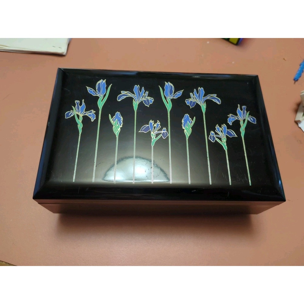 Vtg Otagiri Black Lacquerware Music Jewelry Box The Look of Love Blue Iris Japan